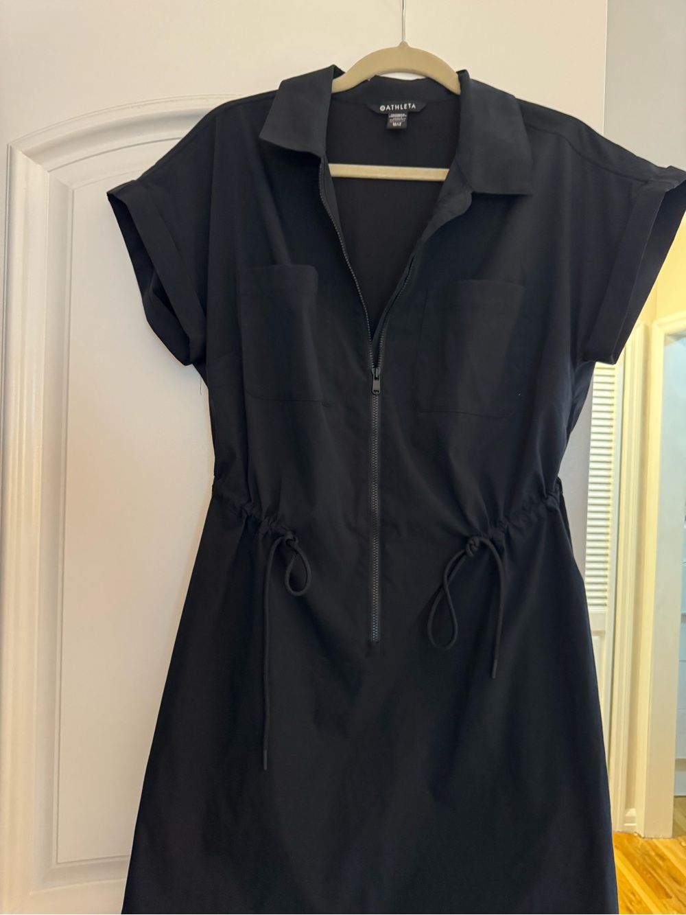 Athleta Black Short-Sleeve Zip Dress with Drawstring